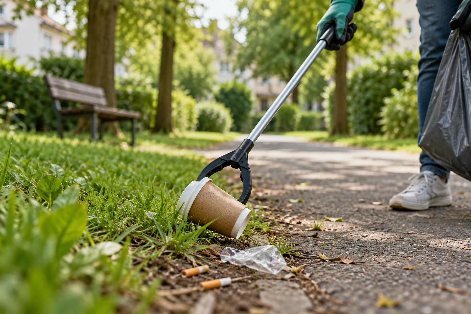 Ein weggeworfener Becher wird mit einer Müllzange am Parkweg eingesammelt