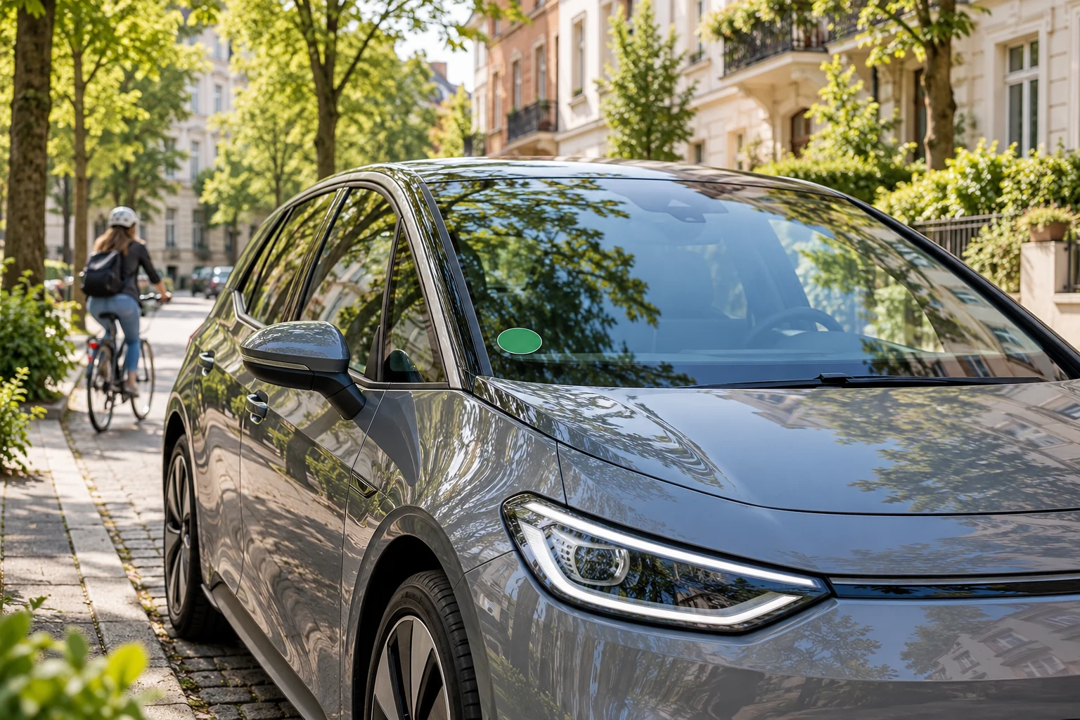 Auto mit grüner Plakette auf einer baumbestandenen Stadtstraße