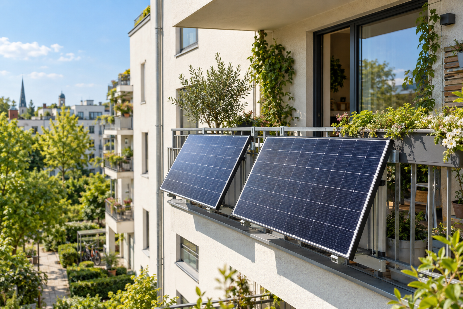Nach außen montierte Solarmodule an einem Balkon
